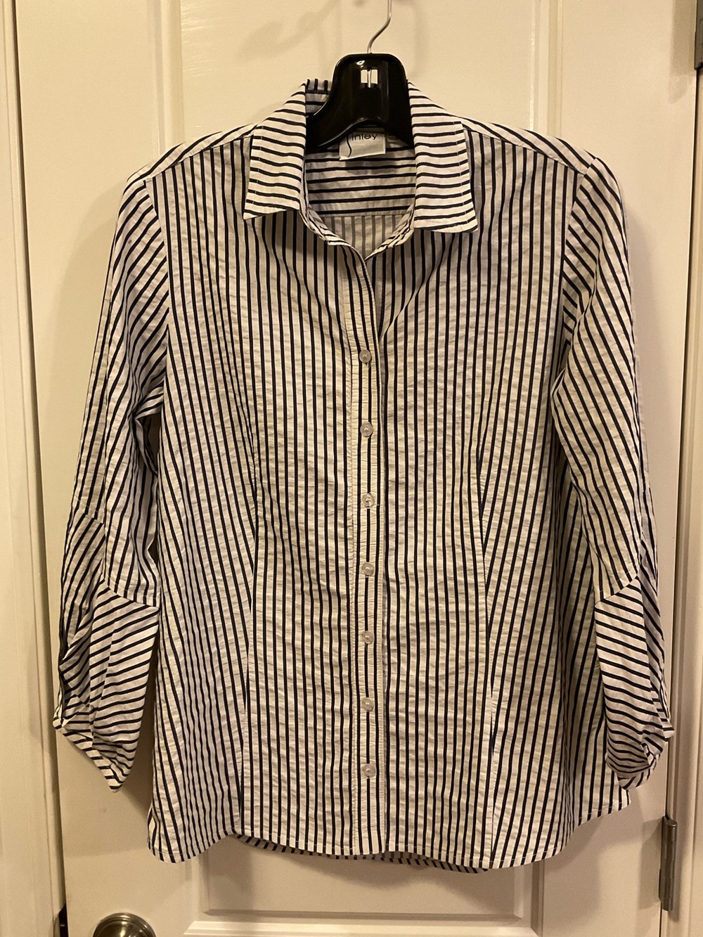 Finley Striped Button Down with Slight Bubble Sleeves and Pleats - S